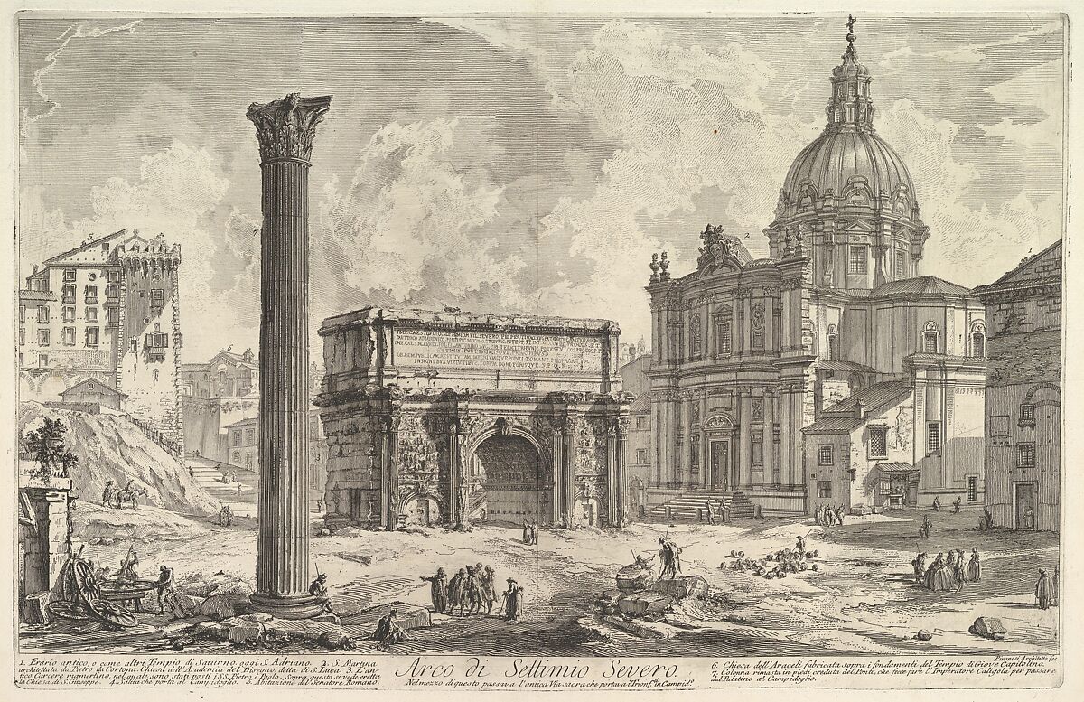 The Arch of Septimius Severus, with the Church of S. Martina on the right (Arco di Settimio Severo), from "Vedute di Roma", Giovanni Battista Piranesi (Italian, Mogliano Veneto 1720–1778 Rome), Etching; first state 