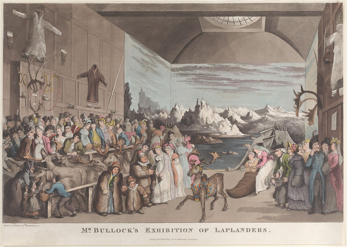 Mr. Bullock's Exhibition of Laplanders, Thomas Rowlandson (British, London 1757–1827 London), Hand-colored aquatint and etching 