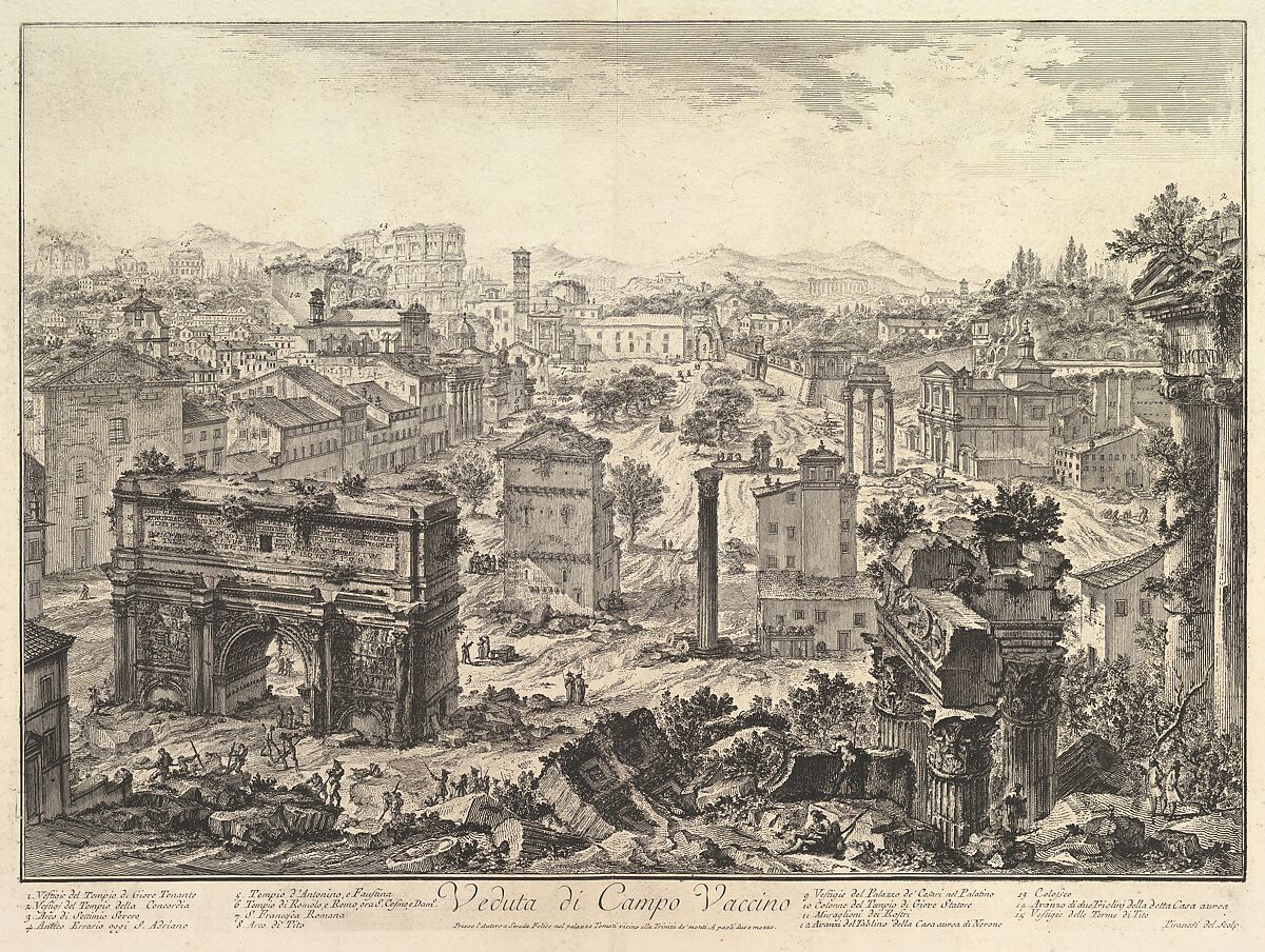 The Forum Romanum, or Campo Vaccino, from the Capitol, with the Arch of Septimius in the foreground left, Temple of Vespian right, and the Colosseum in the distance (Veduta di Campo Vaccino), Giovanni Battista Piranesi (Italian, Mogliano Veneto 1720–1778 Rome), Etching 