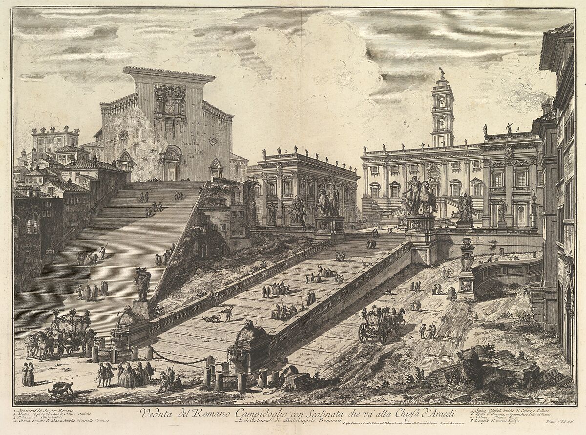 The Capitol and the steps of S. Maria in Aracoeli (Veduta del Romano Camipidoglio con scalinata che va alla chiesa d'Araceli), Giovanni Battista Piranesi (Italian, Mogliano Veneto 1720–1778 Rome), etching 