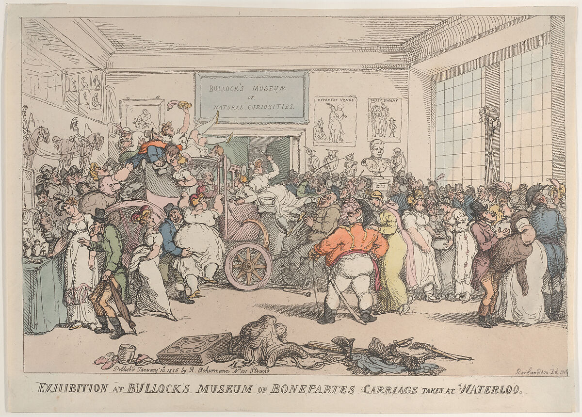 Exhibition at Bullock's Museum of Bonaparte's Carriage Taken at Waterloo, Thomas Rowlandson (British, London 1757–1827 London), Hand-colored etching 