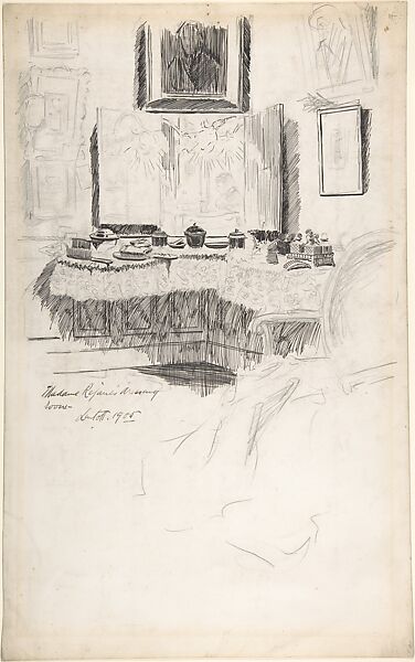 Madame Rejane's Dressing Room, Lavlott (British, 20th century), Graphite and black pen and ink 