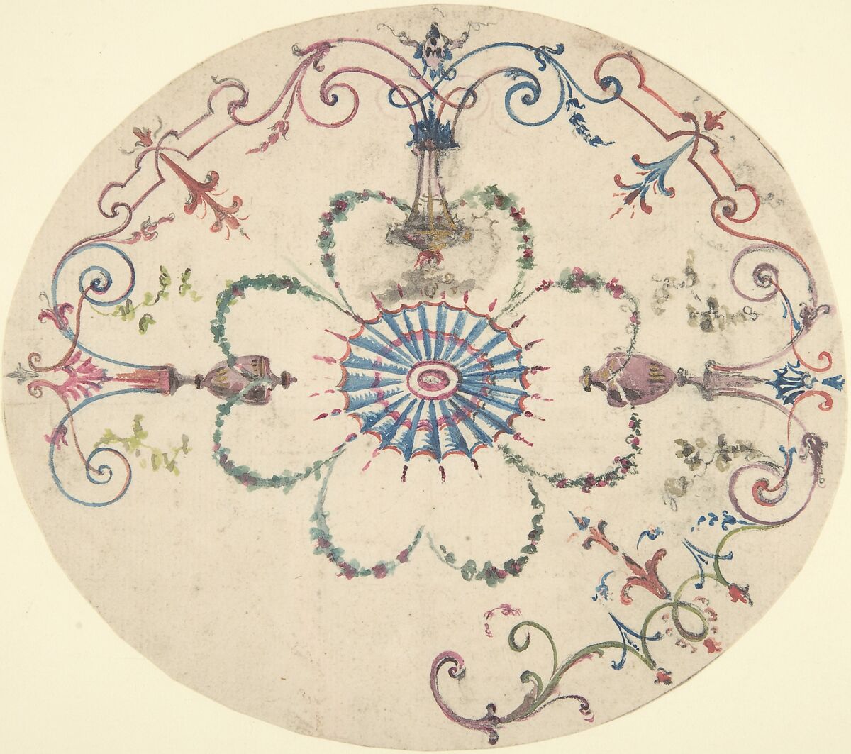 Design for an Oval Ceiling, Anonymous, British, 19th century, Watercolor, heightened with gold 