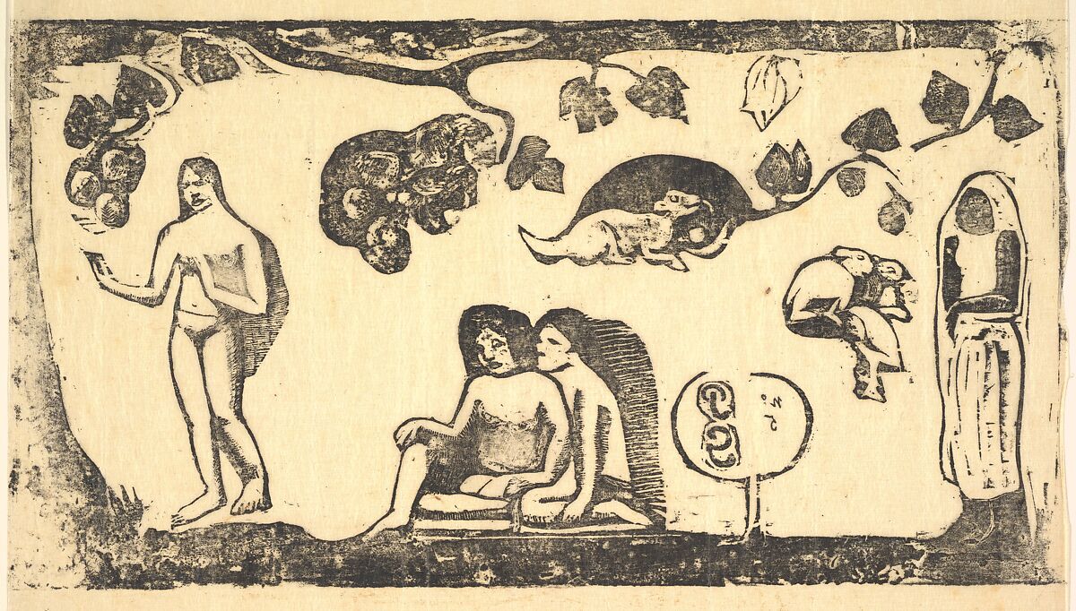Women, Animals, and Foliage, Paul Gauguin (French, Paris 1848–1903 Atuona, Hiva Oa, Marquesas Islands), Woodcut printed in black ink on thin Japan paper 