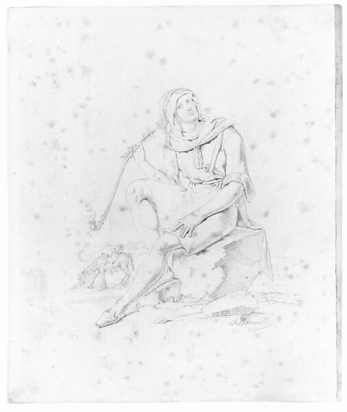 Seated Male Figure with Pipe in a Landscape, S. Romanelli  , Undocumented, Graphite