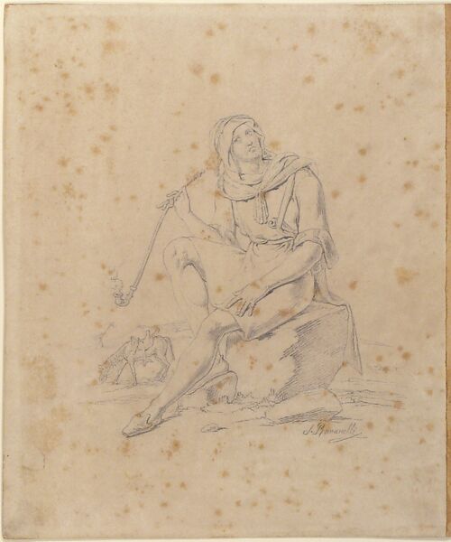 Seated Male Figure with Pipe in a Landscape, S. Romanelli  , Undocumented, Graphite