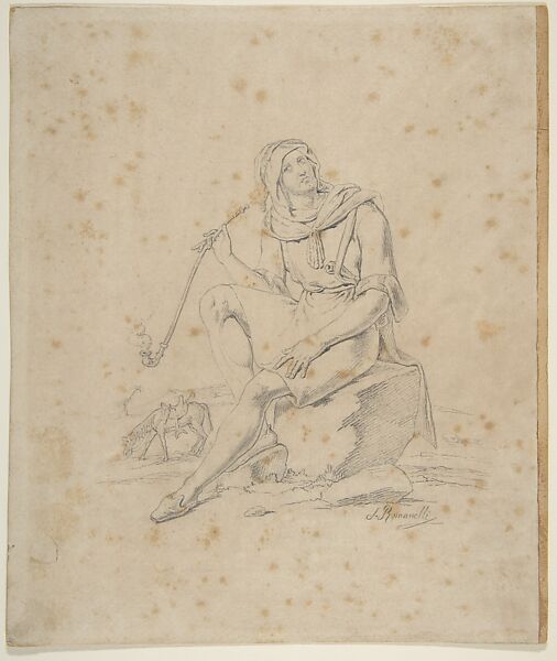 Seated Male Figure with Pipe in a Landscape, S. Romanelli  , Undocumented, Graphite 