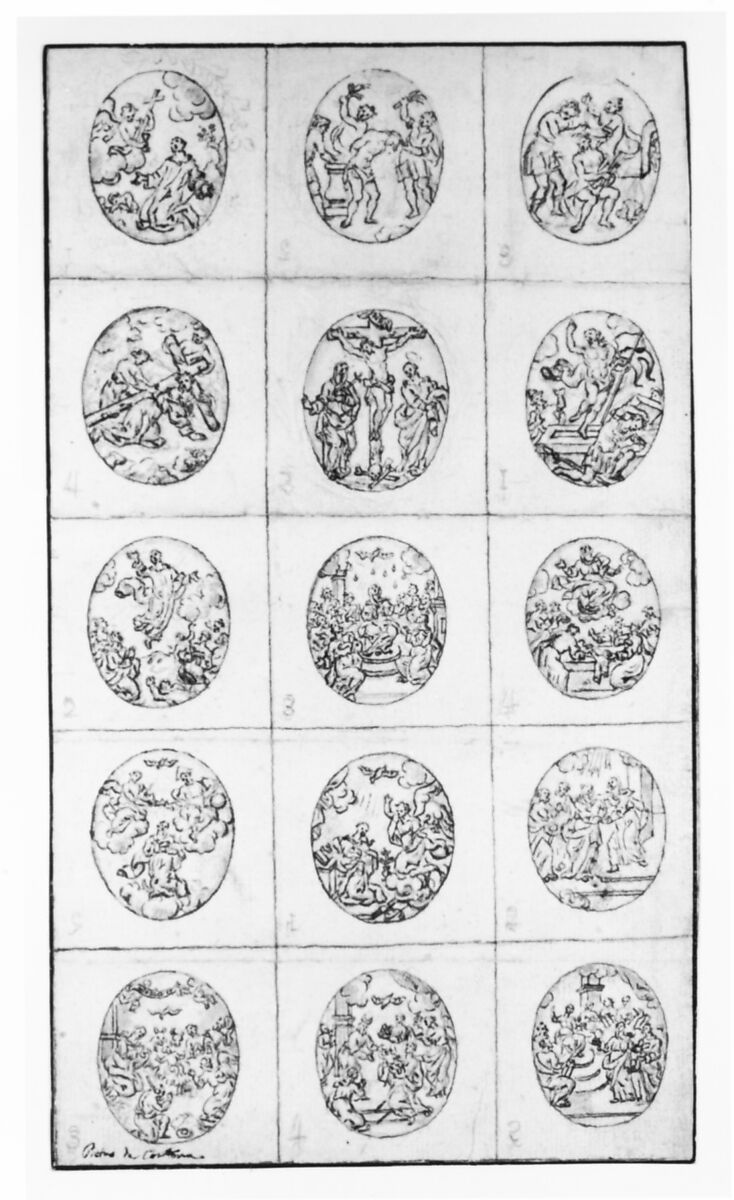 15 Oval Scenes From the Life of Christ and a Scene of a Saint Adoring the Holy Cross, Anonymous, Italian, 17th or 18th century, Pen and brown ink, over black chalk; framing lines