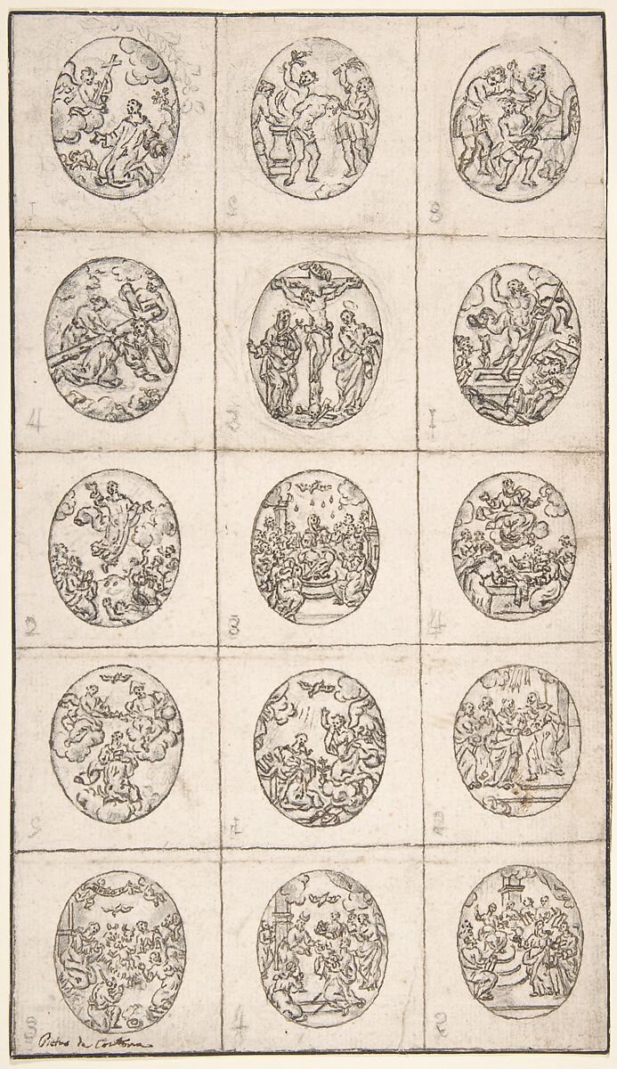 15 Oval Scenes From the Life of Christ and a Scene of a Saint Adoring the Holy Cross, Anonymous, Italian, 17th or 18th century, Pen and brown ink, over black chalk; framing lines 