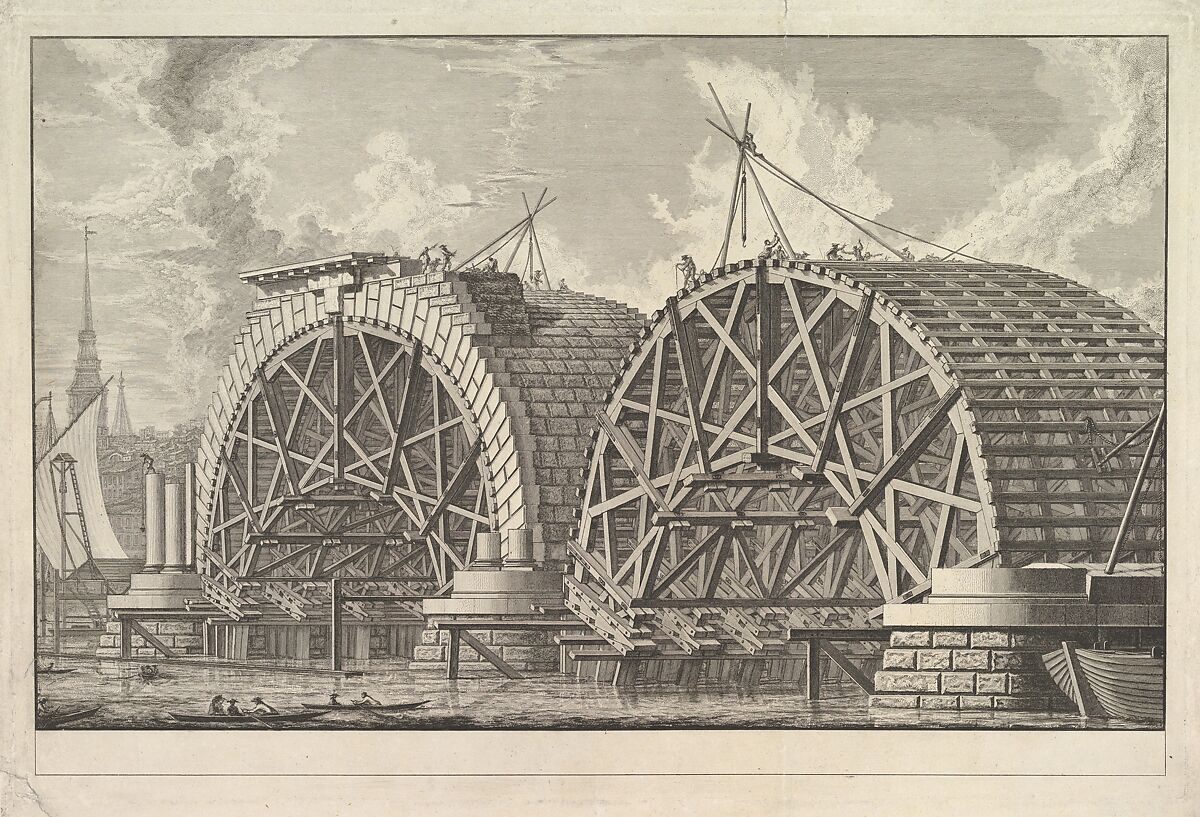 A view of part of the intended Bridge at Blackfriars, London, Giovanni Battista Piranesi (Italian, Mogliano Veneto 1720–1778 Rome), Etching 