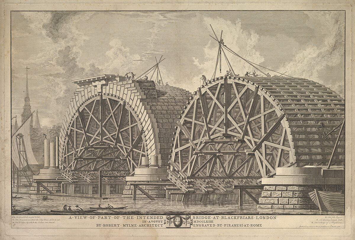 A view of part of the intended Bridge at Blackfriars, London, Giovanni Battista Piranesi (Italian, Mogliano Veneto 1720–1778 Rome), Etching 