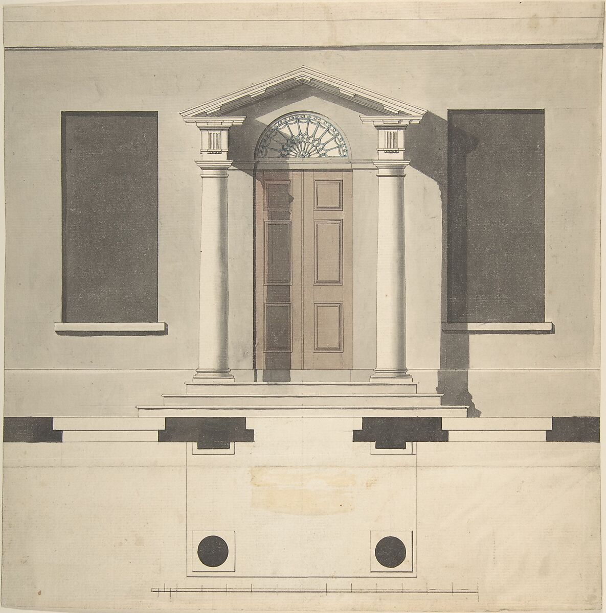 Design for a Doric Porch, Plan and Elevation, Style of Robert Adam (British, Kirkcaldy, Scotland 1728–1792 London), Pen and ink, brush and wash 