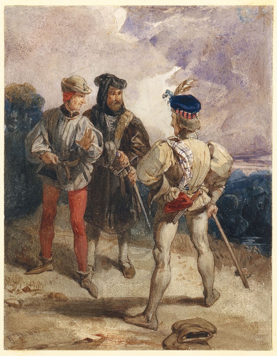 Quentin Durward and the disguised Louis XI (recto); Study of male figure (verso), Richard Parkes Bonington (British, Arnold, Nottinghamshire 1802–1828 London), Watercolor and gouache (bodycolor) over graphite