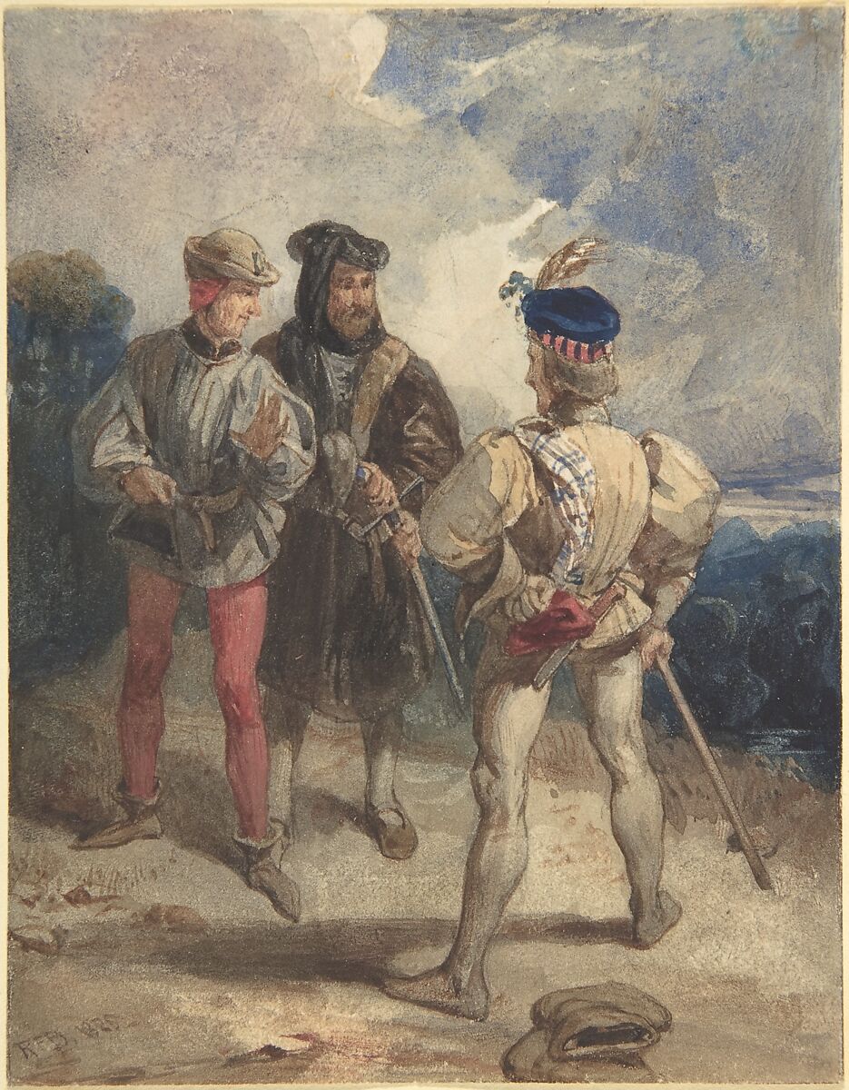 Quentin Durward and the disguised Louis XI (recto). Study of male figure (verso), Richard Parkes Bonington (British, Arnold, Nottinghamshire 1802–1828 London), Watercolor and gouache (bodycolor) over graphite 