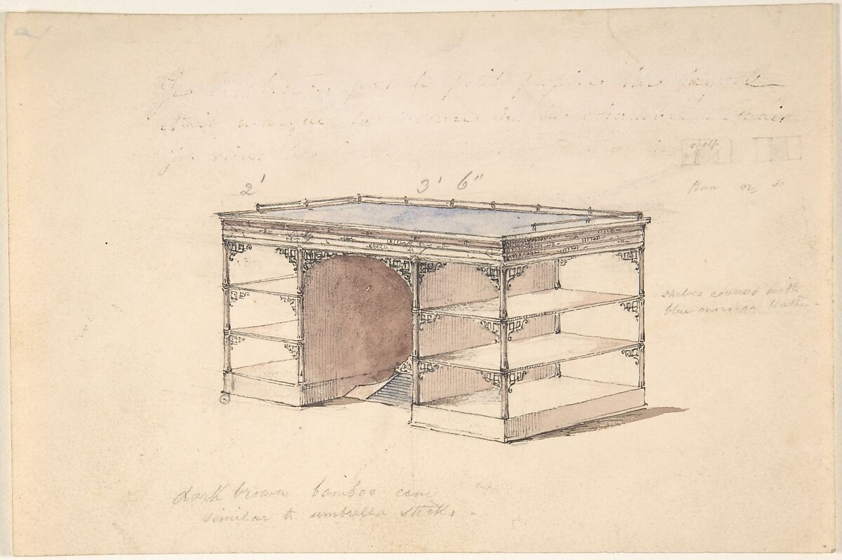 Design for a desk with shelves and a gallery, Anonymous, British, 19th century, Pen and ink, brush and wash, watercolor 