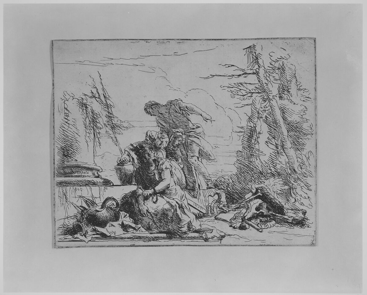 Chained Woman and Other Figures Regarding a Pyre of Bones, from the Capricci, Giovanni Battista Tiepolo (Italian, Venice 1696–1770 Madrid), Etching 