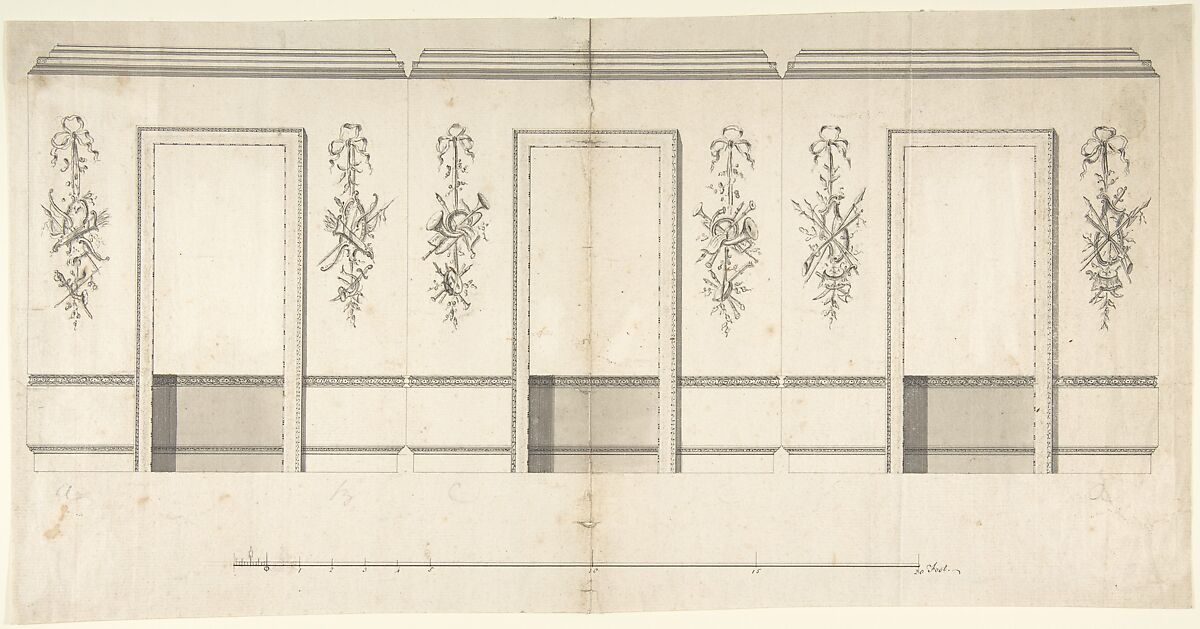 Wall Decorated with Musical and Military Trophies and Three Windows, Anonymous, British, 18th century, Pen and ink, brush and gray wash 