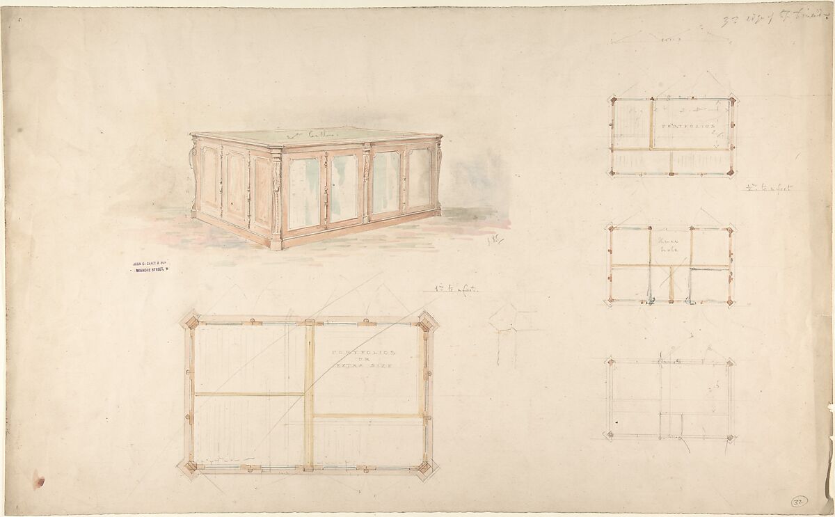 Design for desk and/or portfolio cabinet, John Gregory Crace (British, London 1809–1889 Dulwich)  , and Son, Graphite, brush and wash and watercolor 