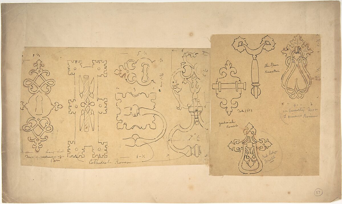 Door Knockers and Mounts from Rouen Cathedral, Goodwich Court, etc. (recto and verso), John Gregory Crace (British, London 1809–1889 Dulwich)  , and Son, Recto: Pen and black ink and graphite
Verso: Graphite 