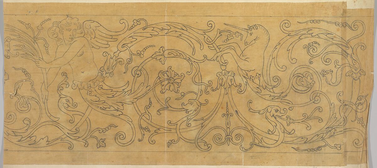 Rinceau Border with Unicorn and Inlay on copper, Italian 18th century, John Gregory Crace (British, London 1809–1889 Dulwich)  , and Son, Graphite 
