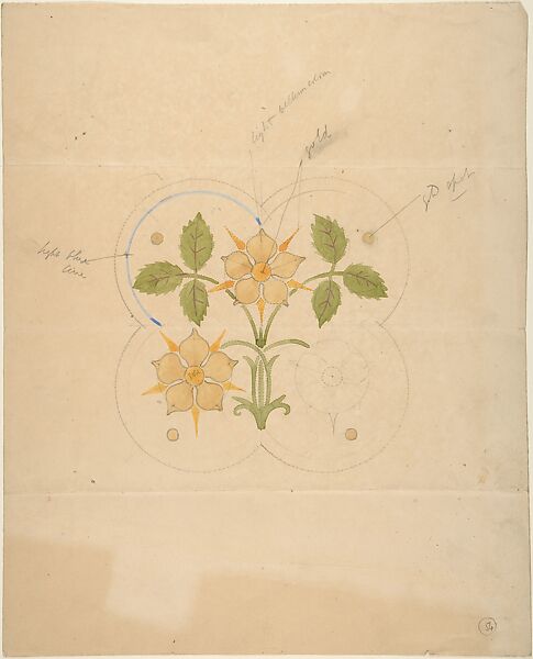 Quatrefoil Ornament with Yellow Flowers and Green Leaves, John Dibblee Crace (British, London 1838–1919 London), Watercolor and graphite 