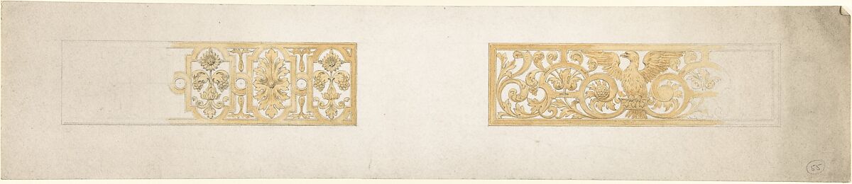 Two Rectangular Ornaments with Strapwork, Foliage and an Eagle, John Gregory Crace (British, London 1809–1889 Dulwich)  , and Son, Graphite, brush and watercolor 