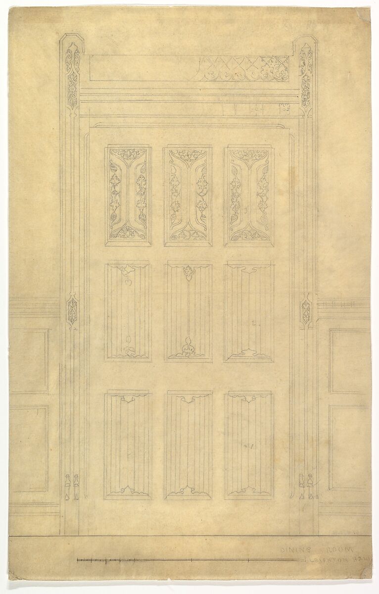 Carved Wood Door for Dining Room, Leighton Hall, John Gregory Crace (British, London 1809–1889 Dulwich)  , and Son, Graphite on tissue paper 