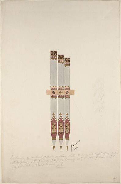 Design for Organ Pipes Decorated with Flowers and Fleur-de-lys, John Dibblee Crace (British, London 1838–1919 London), Watercolor over graphite with touches of gilt 