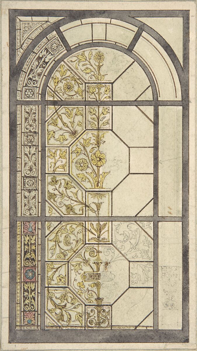 Design for Stained Glass Windows, John Gregory Crace (British, London 1809–1889 Dulwich)  , and Son, Pen and black and brown ink, with touches of watercolor, over graphite 