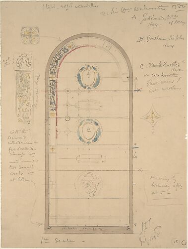 Design for Arched Stained Glass Windows (recto); Design for an Architectural Element (verso)