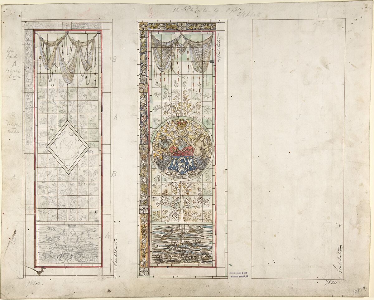 Window with marine motifs, design for Fishmongers’ Hall, London, John Dibblee Crace (British, London 1838–1919 London), Graphite, pen and ink and watercolor 