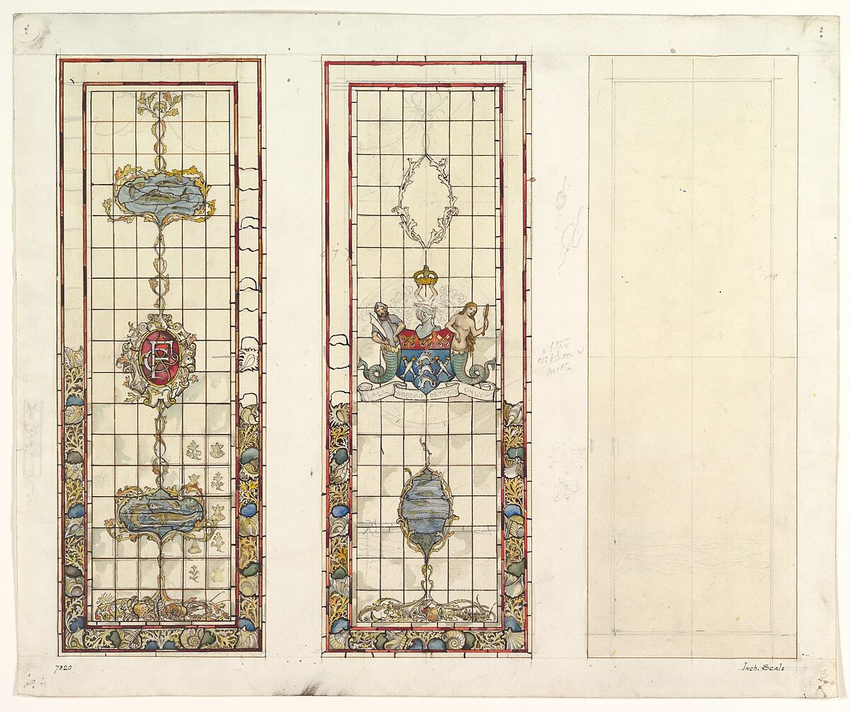Window with marine motifs, design for Fishmongers’ Hall, London, John Dibblee Crace (British, London 1838–1919 London), Graphite, pen and ink, and watercolor 