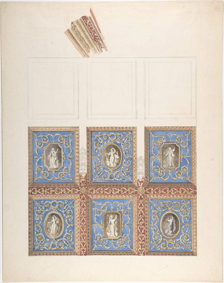 Carved and Painted Ceiling with Six Figural Medallions, for Cleish Castle, John Gregory Crace (British, London 1809–1889 Dulwich)  , and Son, Graphite, brush and wash and watercolor and gilt 