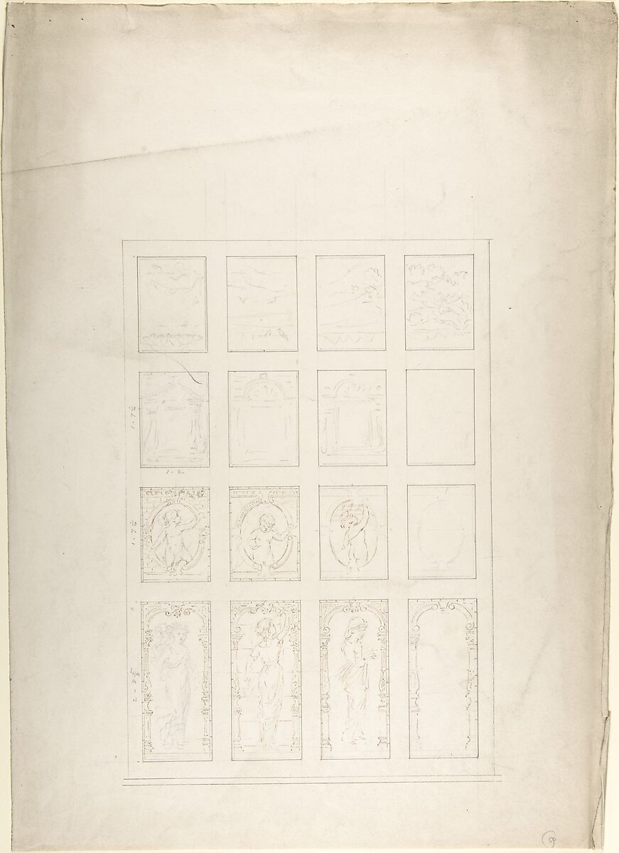 Design for Panelled Ceiling with Figures and Carving, John Gregory Crace (British, London 1809–1889 Dulwich)  , and Son, Graphite, pen and black and brown ink 