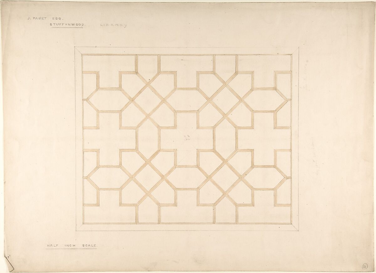 Ceiling design for the Library, Stuffynwood Hall, Derbyshire, John Gregory Crace (British, London 1809–1889 Dulwich)  , and Son, Graphite, brush and wash 