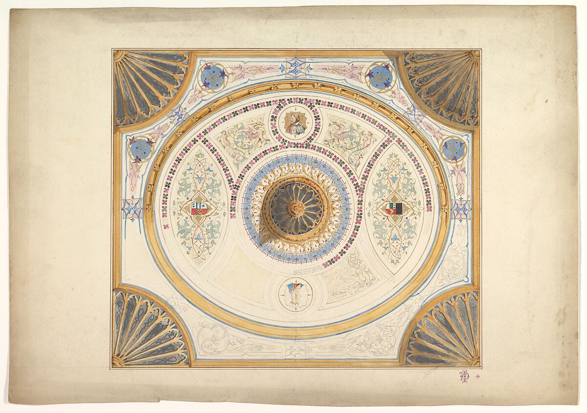 Design for Ceiling with Two Portraits and Fan Supports at Corners, John Gregory Crace (British, London 1809–1889 Dulwich)  , and Son, Graphite, watercolor and gilt 