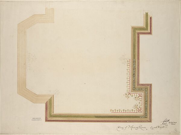 Design for a Coffered, Painted Ceiling with Floral Decoration and Colored Border, John Dibblee Crace (British, London 1838–1919 London), Watercolor and graphite with touches of gouache and gold 