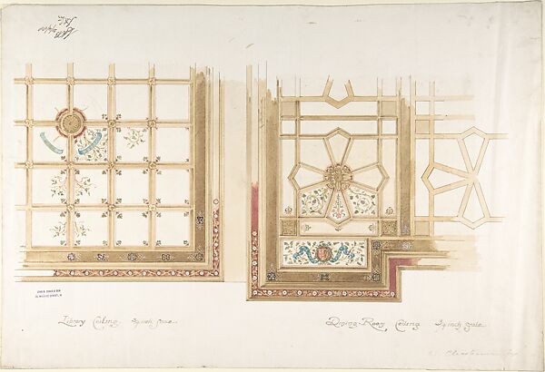 Design for Library or Dining Room Ceiling, Coffered and Painted Rust and Olive Green, John Gregory Crace (British, London 1809–1889 Dulwich)  , and Son, Graphite, watercolor and gilt 