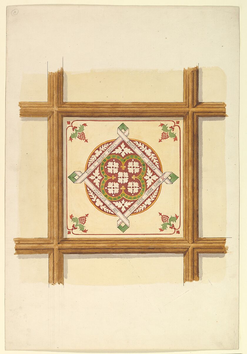 Design for a Coffered and Painted Ceiling in Rust and Olive Green, with a Quatrefoil Motif, John Gregory Crace (British, London 1809–1889 Dulwich)  , and Son, Graphite, watercolor and gilt 
