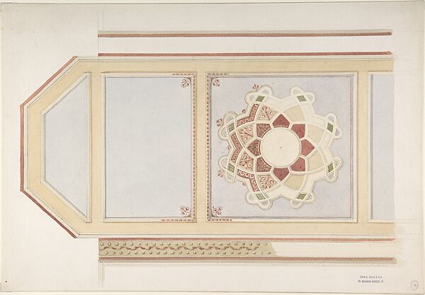 Design for Ceiling in Four Parts, One Decorated with a Compass Motif, in Rust and Olive Green, Moorish Motifs, John Gregory Crace (British, London 1809–1889 Dulwich)  , and Son, Graphite, watercolor in reds yellows and blues, and gilt 