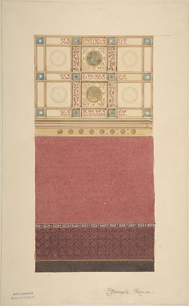 Design for Wall Elevation with Diapered Wainscoting and a Coffered Ceiling, John Gregory Crace (British, London 1809–1889 Dulwich)  , and Son, Watercolor over graphite with touches of gilt 