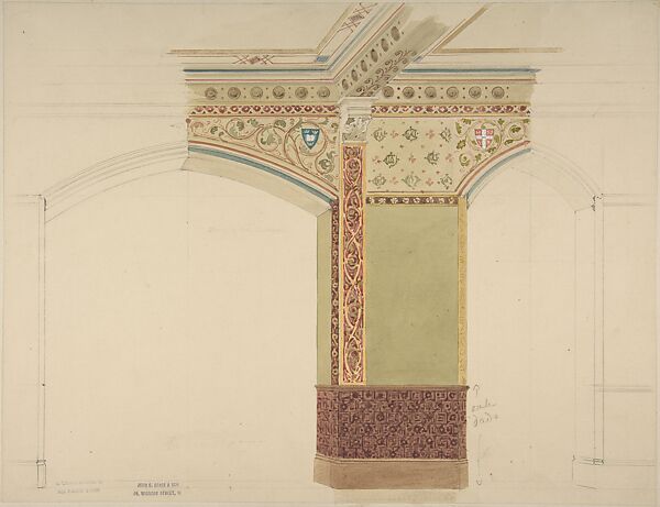 Elevation of Wall for a Coffee Room, John Dibblee Crace (British, London 1838–1919 London), Watercolor and graphite with touches of gouache 