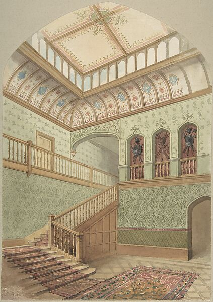 Interior showing Staircase and Skylight, John Gregory Crace (British, London 1809–1889 Dulwich)  , and Son, Watercolor over graphite with touches of gilt 
