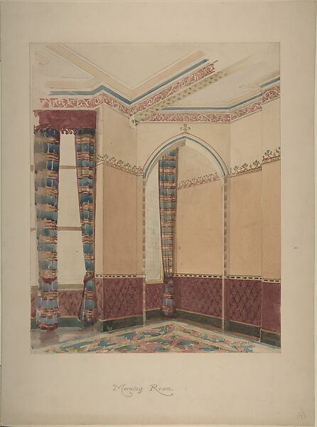 Interior of a Morning Room with Wainscoting, Striped Curtains, and Painted Walls, John Gregory Crace (British, London 1809–1889 Dulwich)  , and Son, Watercolor over graphite 