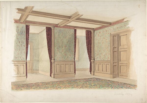 Whitley Abbey, interior, John Gregory Crace (British, London 1809–1889 Dulwich)  , and Son, Graphite and watercolor 