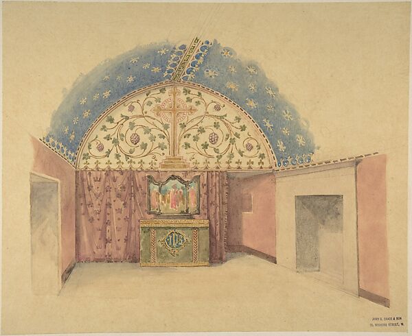 Interior of a Chapel with Altar, John Gregory Crace (British, London 1809–1889 Dulwich)  , and Son, Watercolor over graphite 