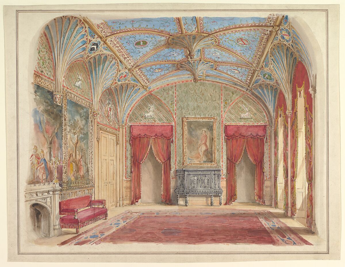 Design for the Decoration of the Drawing Room at Eastnor Castle, Hertfordshire, John Gregory Crace (British, London 1809–1889 Dulwich), Watercolor with touches of gold over graphite 