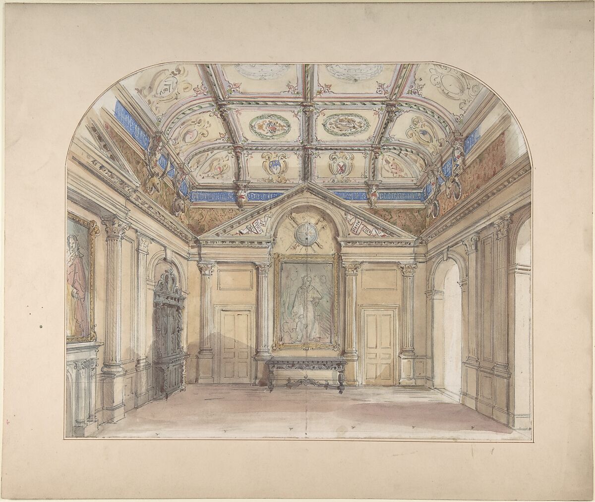 Interior with coffered ceiling and Corinthian order applied to walls, John Gregory Crace (British, London 1809–1889 Dulwich)  , and Son, Graphite, watercolor and gilt 
