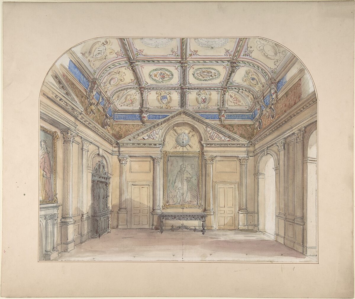 Interior with coffered ceiling with octagonal grids and Corinthian order applied to walls, John Gregory Crace (British, London 1809–1889 Dulwich)  , and Son, Graphite, watercolor and gilt 