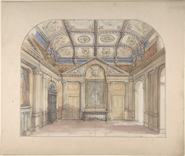 Interior with coffered ceiling and Corinthian order applied to walls